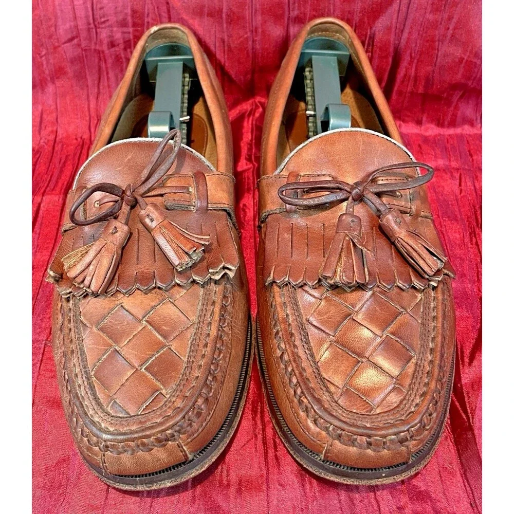 Mens Johnson & Murphy Tan Leather Kilt Tassel Mesh Toe Moccasin Loafers sz 8M